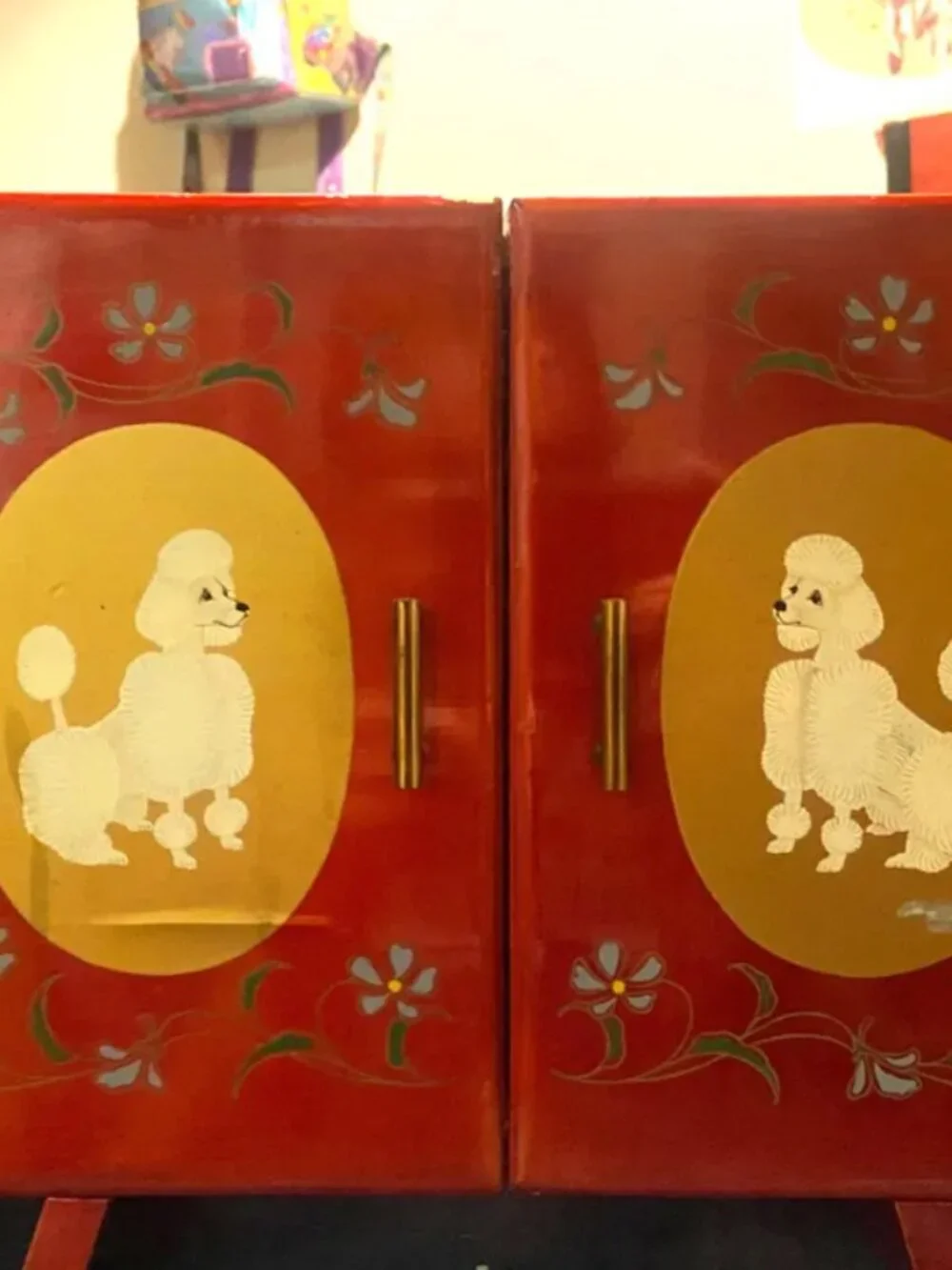 Vintage Red Lacquer Poodle Jewelry Armoire & Music Box from the 1950's
